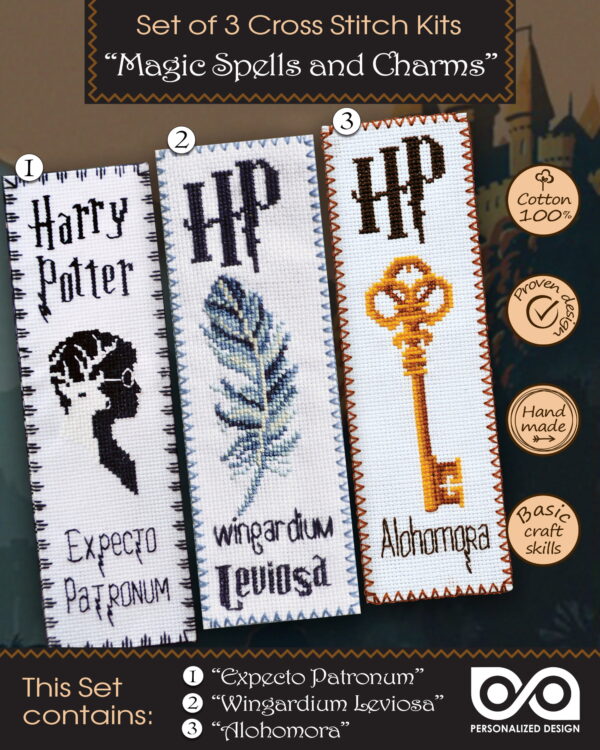 Cross Stitch Kits "Harry Potter Magic Spels and Charms" - Set of 3 DIY Embroidery Bookmarks: Alohomora, Expecto Patronum, Wingardium Leviosa