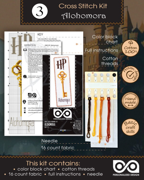 Cross Stitch Kits "Harry Potter Magic Spels and Charms" - Set of 3 DIY Embroidery Bookmarks: Alohomora, Expecto Patronum, Wingardium Leviosa