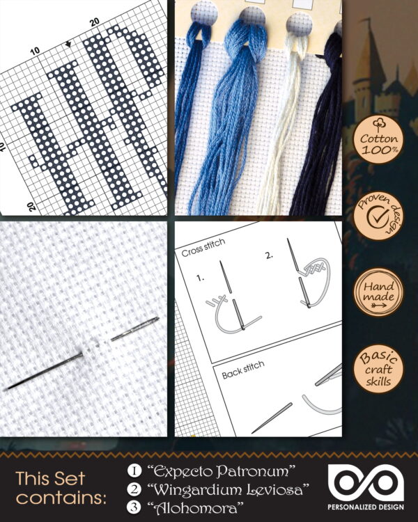 Cross Stitch Kits "Harry Potter Magic Spels and Charms" - Set of 3 DIY Embroidery Bookmarks: Alohomora, Expecto Patronum, Wingardium Leviosa