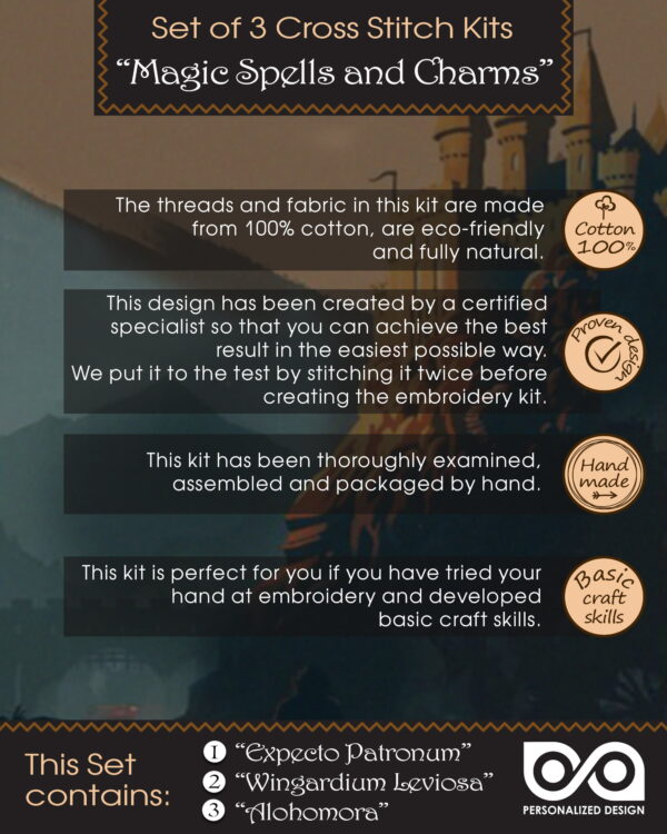 Cross Stitch Kits "Harry Potter Magic Spels and Charms" - Set of 3 DIY Embroidery Bookmarks: Alohomora, Expecto Patronum, Wingardium Leviosa