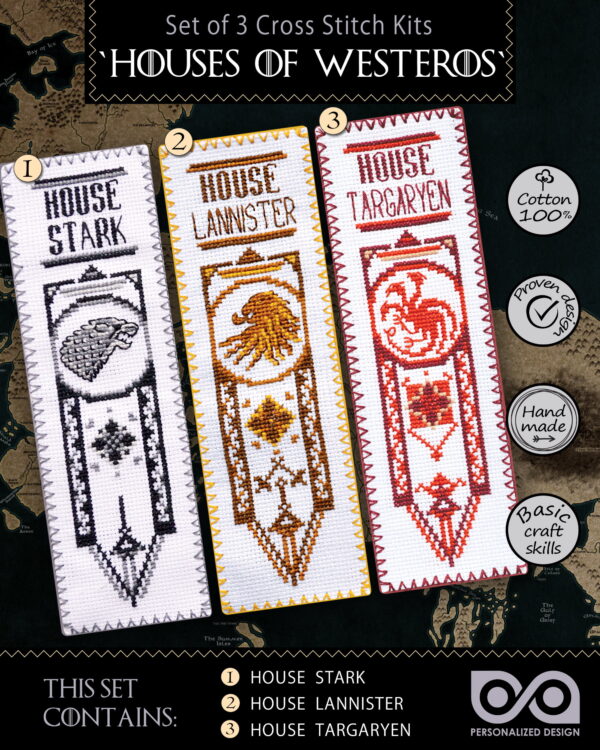 Set of 3 Counted Cross Stitch Bookmark Kits "Game of Thrones: The Great Houses of the Seven Kingdoms"