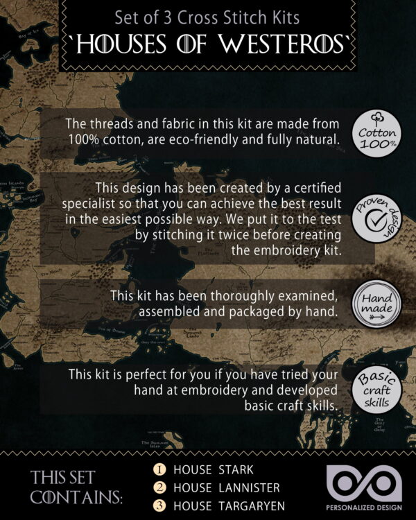 Set of 3 Counted Cross Stitch Bookmark Kits "Game of Thrones: The Great Houses of the Seven Kingdoms"