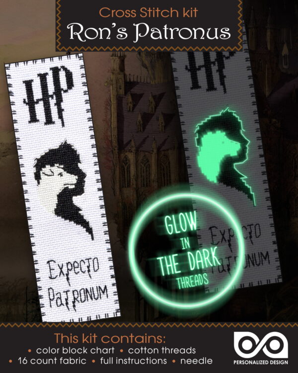 Counted Cross Stitch Bookmark Kit with Luminous Threads "Ron's Patronus" Glow-in-The-Dark
