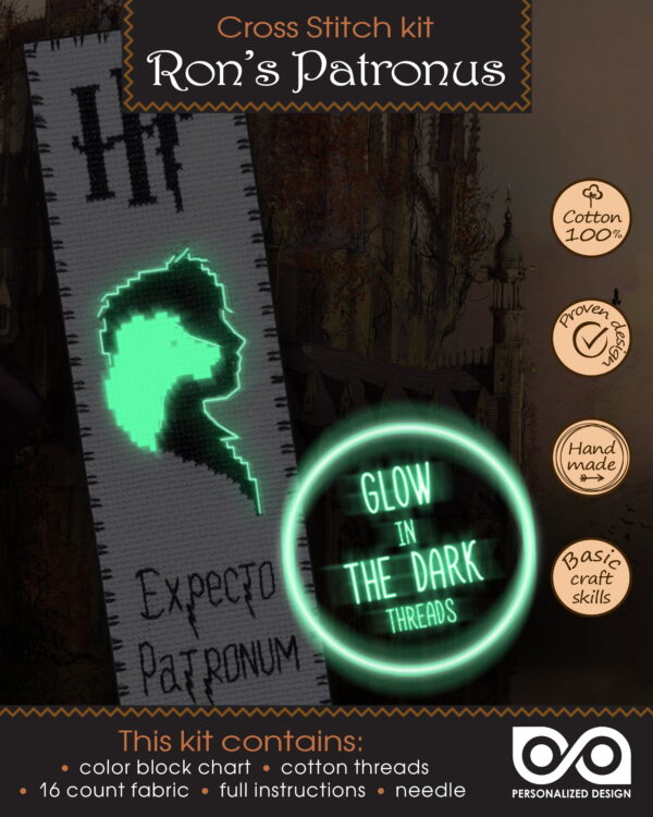 Counted Cross Stitch Bookmark Kit with Luminous Threads "Ron's Patronus" Glow-in-The-Dark
