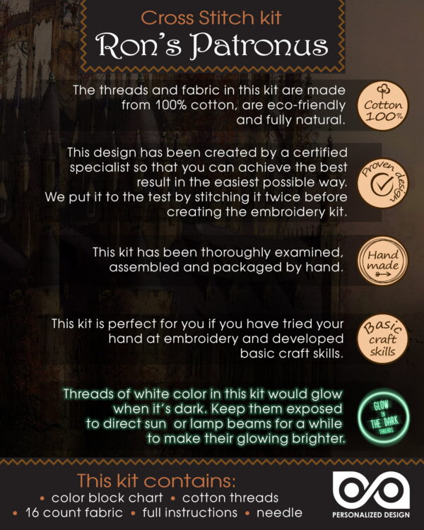 Counted Cross Stitch Bookmark Kit with Luminous Threads "Ron's Patronus" Glow-in-The-Dark