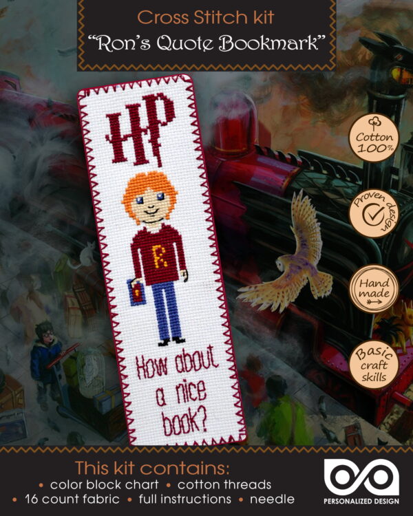 Cross Stitch Kit of Bookmark - Ron Weasley Quote "How About a Nice Book?"