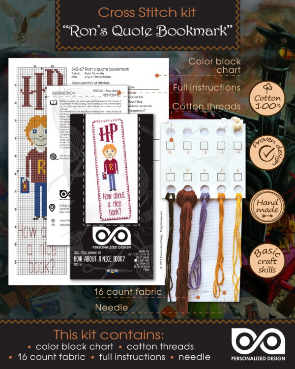 Cross Stitch Kit of Bookmark - Ron Weasley Quote "How About a Nice Book?"