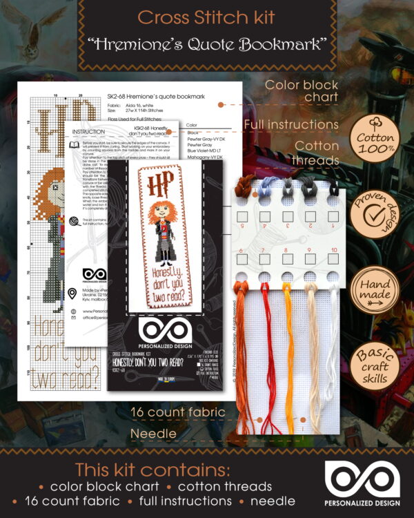 Cross Stitch Kit of Bookmark - Hermione Quote "Honestly Don't You Two Read?"
