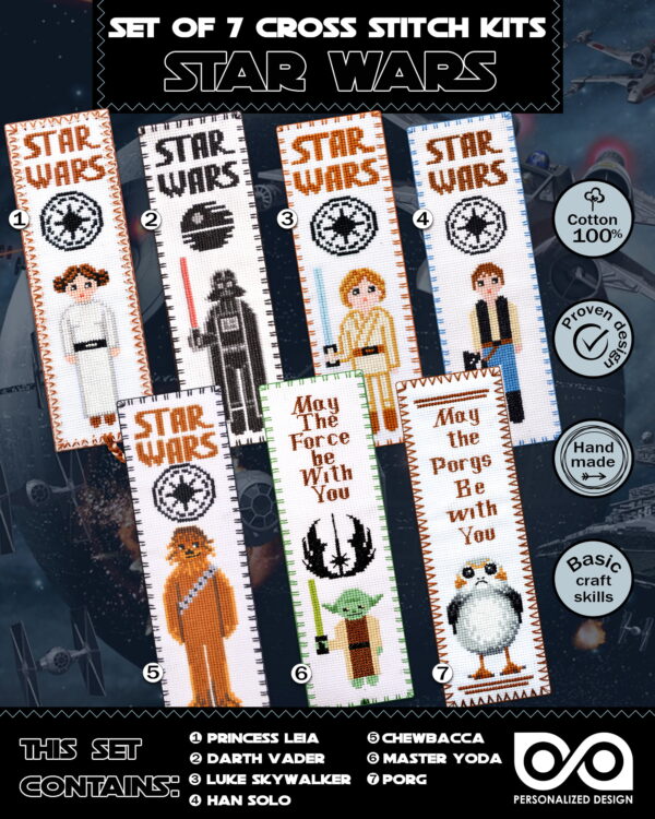 Cross Stitch Kits "Star Wars" - Set 7-in-1 - DIY Hand Embroidery Bookmarks with Patterns