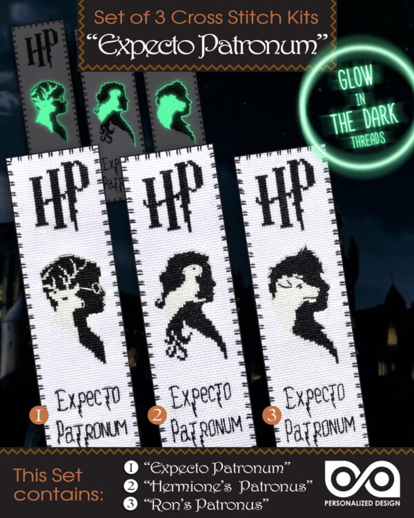 Embroidery Kits "Patronuses" - Set of 3 DIY Counted Cross Stitch Luminous Bookmarks - Glow-in-The-Dark