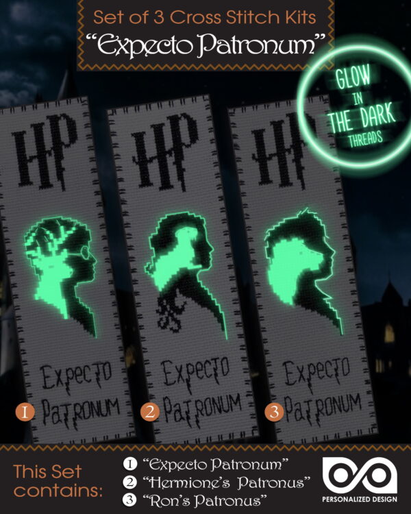 Embroidery Kits "Patronuses" - Set of 3 DIY Counted Cross Stitch Luminous Bookmarks - Glow-in-The-Dark