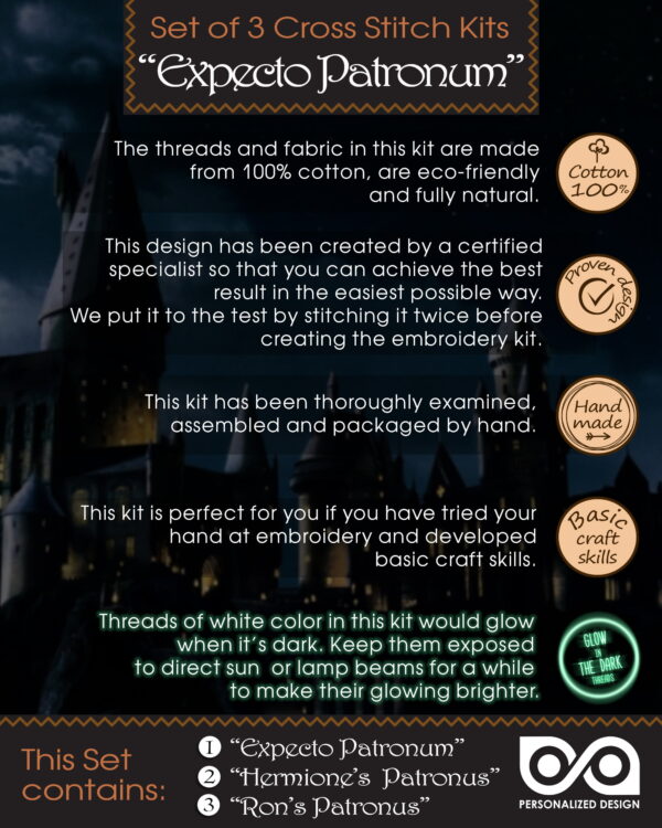 Embroidery Kits "Patronuses" - Set of 3 DIY Counted Cross Stitch Luminous Bookmarks - Glow-in-The-Dark