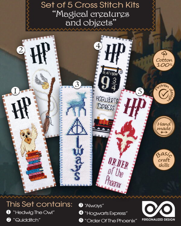 Counted Cross Stitch Kits "Harry Potter: Magical Creatures and Objects" - Set of 5 DIY Embroidery Bookmarks