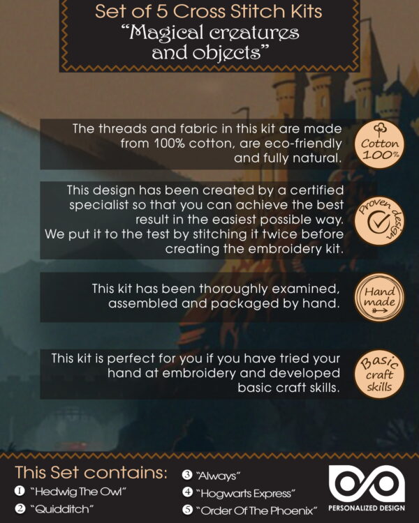 Counted Cross Stitch Kits "Harry Potter: Magical Creatures and Objects" - Set of 5 DIY Embroidery Bookmarks