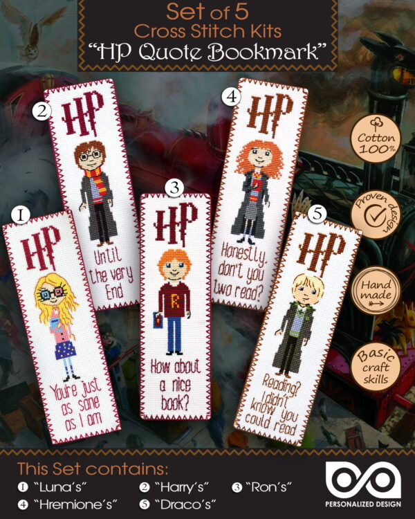 Embroidery Kits for Kids "Harry Potter Quotes" - Set of 5 DIY Bookmarks with Counted Cross-Stitching Patterns