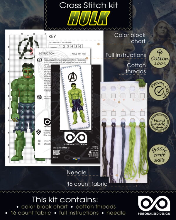 Counted Cross Stitch Kit of Bookmark "The Avengers: Hulk"