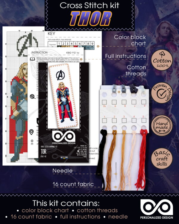 Counted Cross Stitch Kit of Bookmark "The Avengers: Thor"
