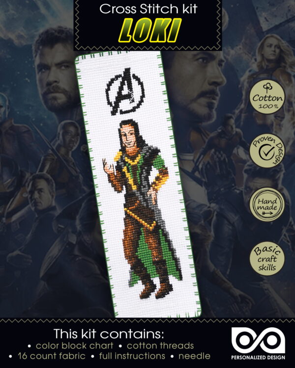 Counted Cross Stitch Kit of Bookmark "The Avengers: Loki"