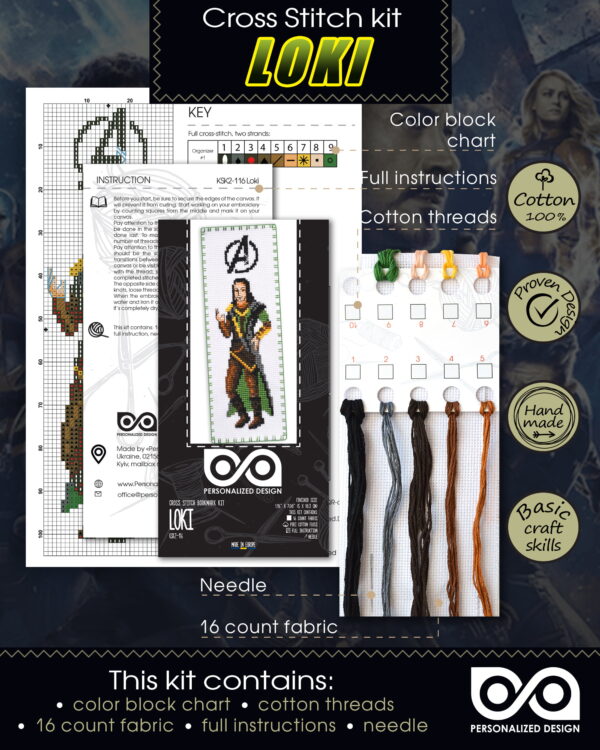 Counted Cross Stitch Kit of Bookmark "The Avengers: Loki"