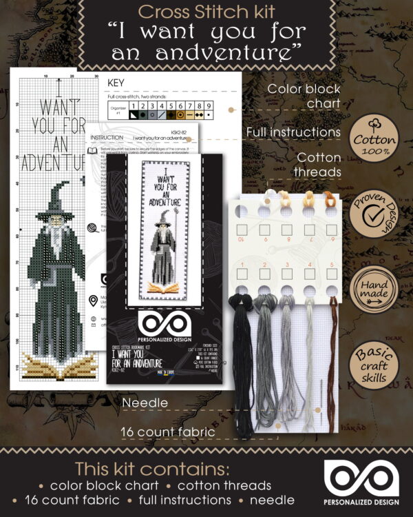 Counted Cross Stitch Kit of Bookmark "Gandalf the Grey: I Want You for an Adventure"