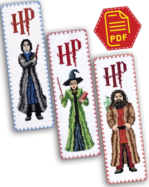 Set of 3 cross stitch pattern for embroidery bookmarks "Hogwarts Staff" - Download in PDF KSK-138-139-140