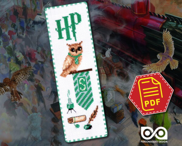 Counted Cross Stitch Pattern of Bookmark "Harry Potter: Slytherin Owl" - Download in PDF