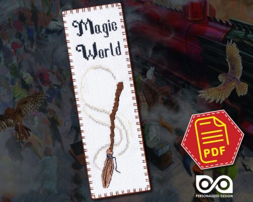 Counted cross stitch bookmark pattern "Magic Broom" – Embroidery design, Instant download in PDF