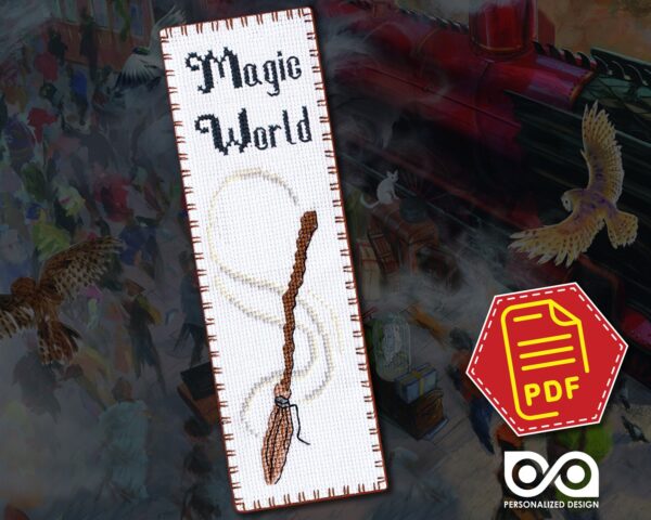 Counted cross stitch bookmark pattern "Magic Broom" – Embroidery design, Instant download in PDF