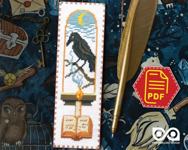 Counted cross stitch bookmark pattern "Black Raven" – Embroidery design, Instant download in PDF