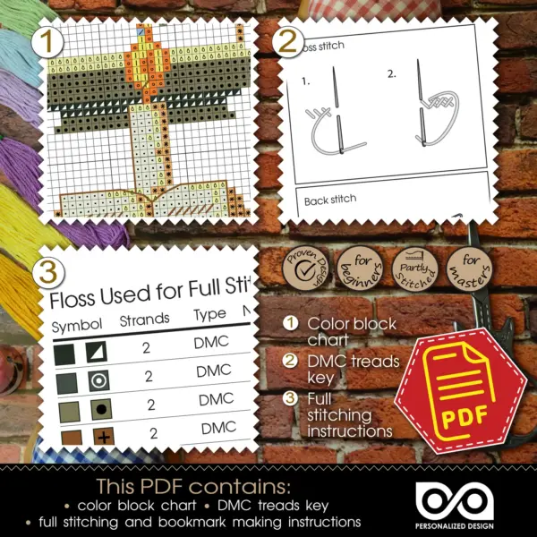 Counted cross stitch bookmark pattern "Black Raven" – Embroidery design, Instant download in PDF