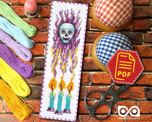 Counted cross stitch bookmark pattern "Magic Skull" – Embroidery design, Instant download in PDF