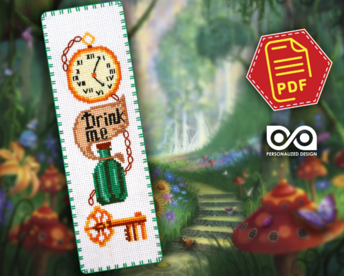 Cross stitch pattern of Bookmark "Alice in Wonderland: Drink Me" - Download in PDF