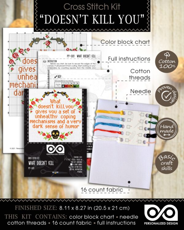 Quote Cross Stitch Kit "What Doesn't Kill You Gives You an Unhealthy Set of Coping Mechanisms and a Very Dark Sense of Humor"