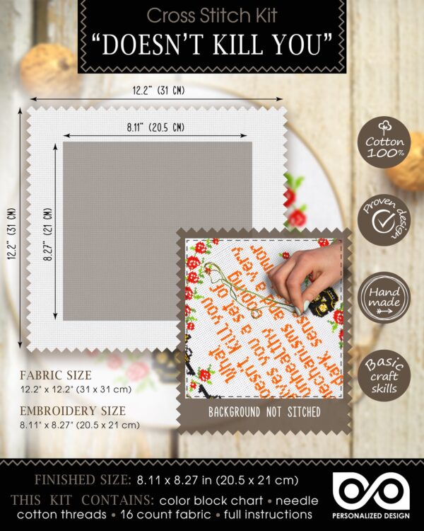 Quote Cross Stitch Kit "What Doesn't Kill You Gives You an Unhealthy Set of Coping Mechanisms and a Very Dark Sense of Humor"