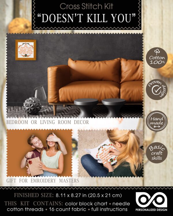 Quote Cross Stitch Kit "What Doesn't Kill You Gives You an Unhealthy Set of Coping Mechanisms and a Very Dark Sense of Humor"