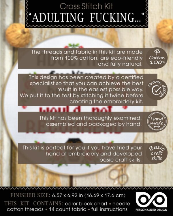 Quote Cross Stitch Kit "Adulting - Fucking Bullshit, Would Not Recommend"