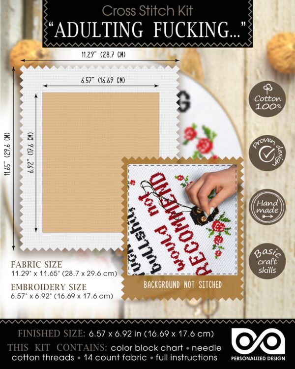 Quote Cross Stitch Kit "Adulting - Fucking Bullshit, Would Not Recommend"