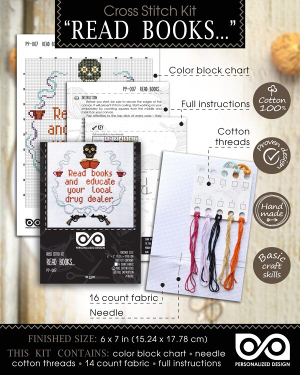 Quote Cross Stitch Kit "Read books and educate your local drug dealer"
