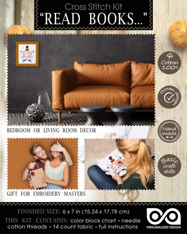 Quote Cross Stitch Kit "Read books and educate your local drug dealer"