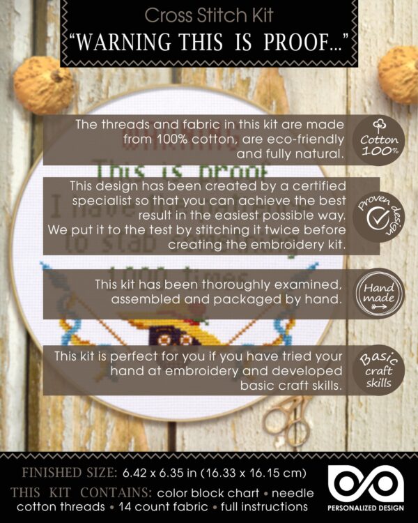 Quote Cross Stitch Kit "Warning This Is Proof I Have The Patience To Stab Something 1000 Times"