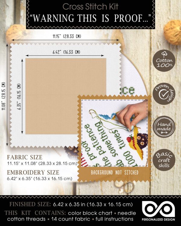 Quote Cross Stitch Kit "Warning This Is Proof I Have The Patience To Stab Something 1000 Times"