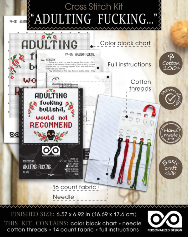 Quote Cross Stitch Kit "Adulting - Fucking Bullshit, Would Not Recommend"