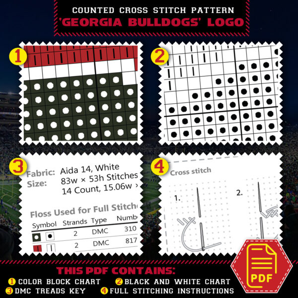 Georgia Bulldogs logo counted cross stitch pattern chart - 04