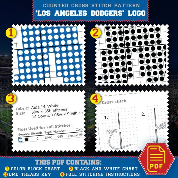 Los Angeles Dodgers Logo Counted Cross Stitch Pattern - Download in PDF