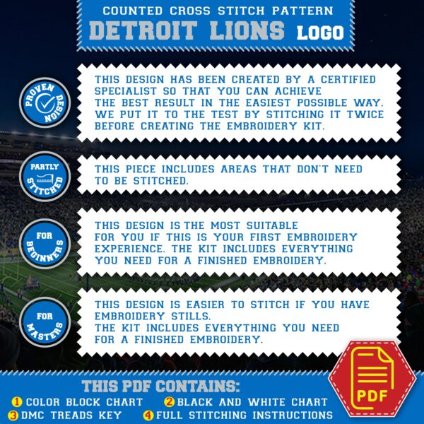 Detroit Lions Logo Counted Cross Stitch Pattern - Manual