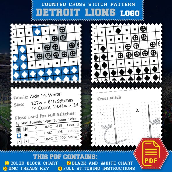 Detroit Lions Logo Counted Cross Stitch Pattern - PDF Contains