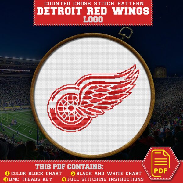 Detroit Red Wings Logo Counted Cross Stitch Pattern - Download in PDF