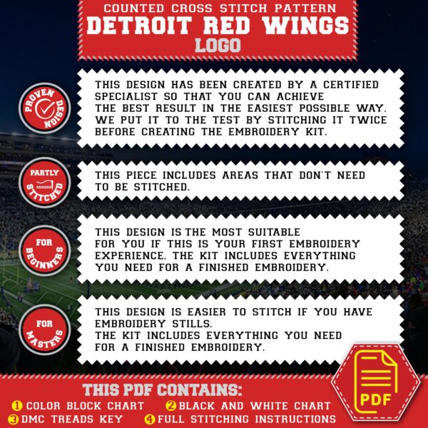 Detroit Red Wings Logo Counted Cross Stitch Pattern - Download in PDF