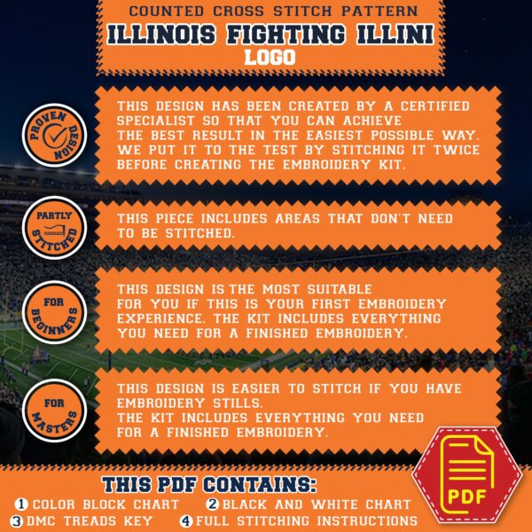 Illinois Fighting Illini Embroidery Pattern Specifications and Size Info