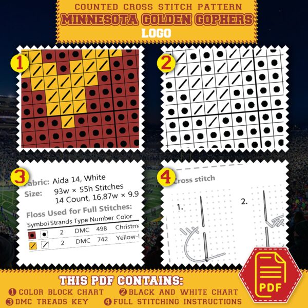 Minnesota Golden Gophers Logo Counted Cross Stitch Pattern - Download in PDF